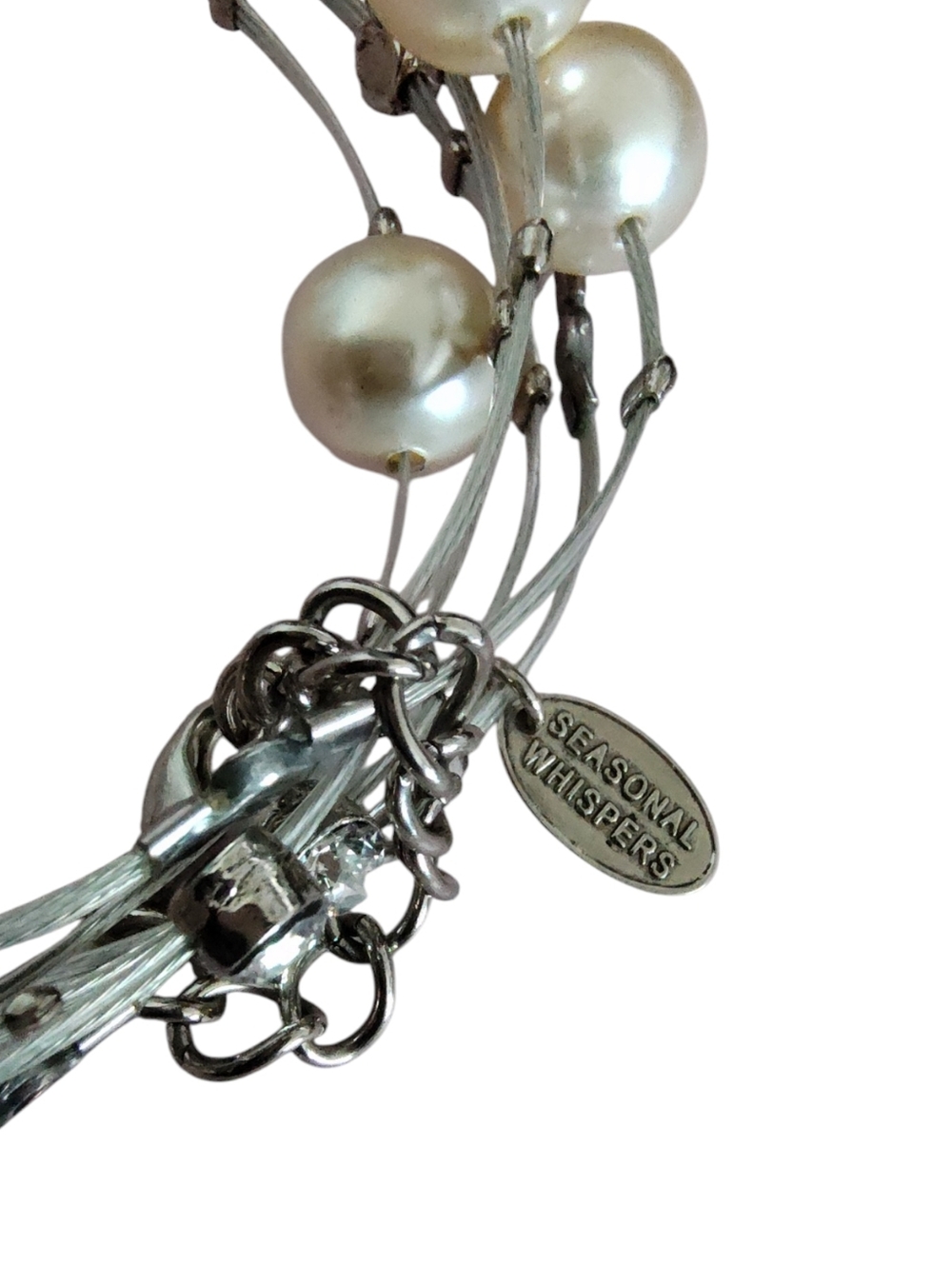 Seasonal Whispers Multi Strand Faux Pearl Bracelet Silver Tone Rhinestone Accent - Picture 5 of 5